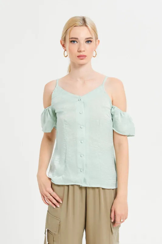 Women Mint Cold Shoulder Satin Top sold by Redtag