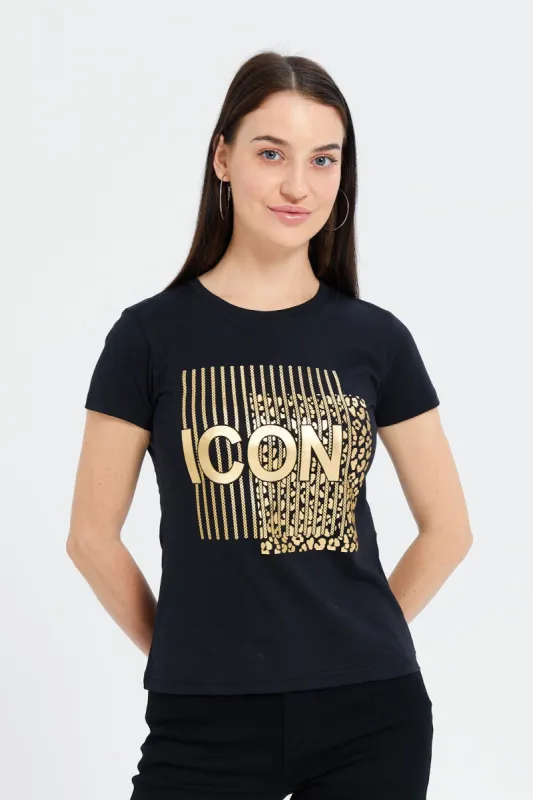 Women Black Icon Embellished T-Shirt sold by Redtag