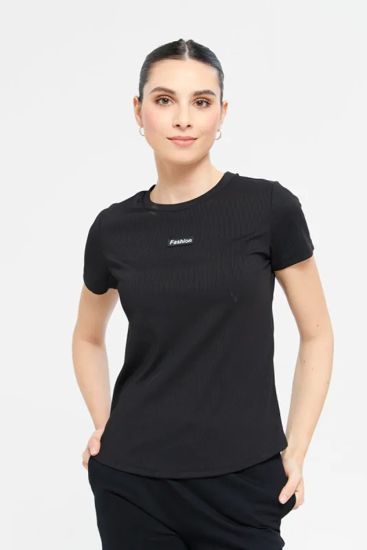 Women Black Plain Rib T- Shirt sold by Redtag