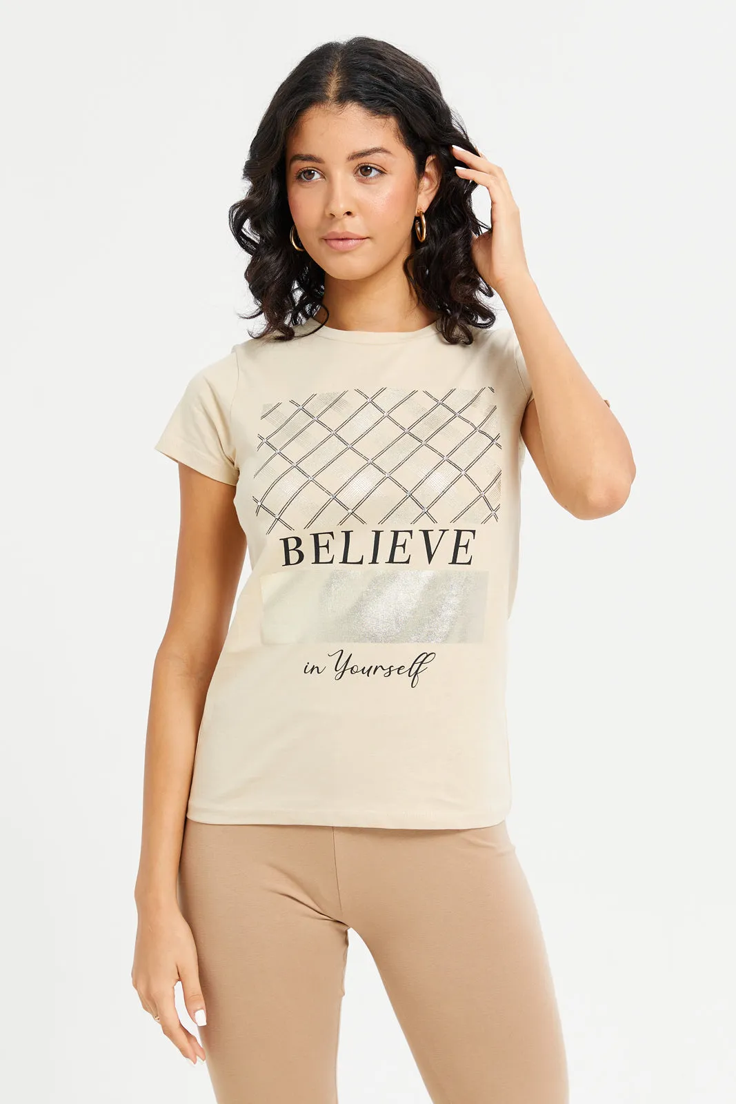 Women Beige Believe Embellished T-Shirt sold by Redtag