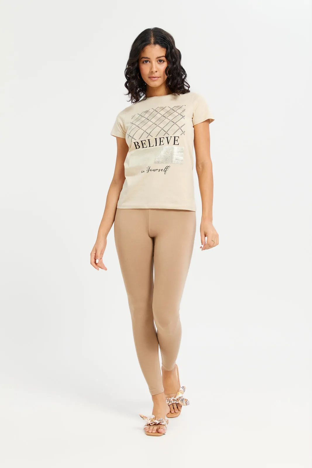 Women Beige Believe Embellished T-Shirt sold by Redtag product image thumbnail 2