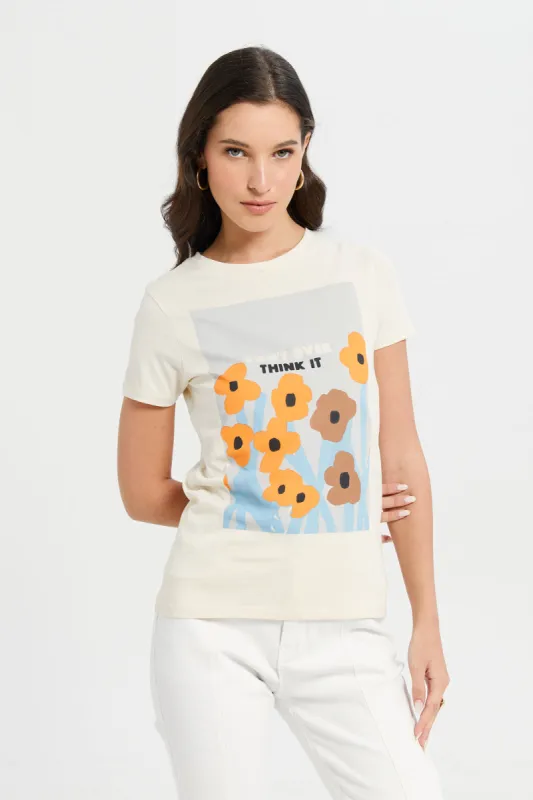 Women Cream Floral Printed T-Shirt sold by Redtag