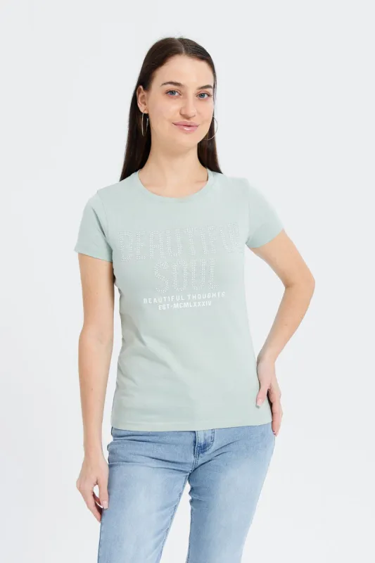 Women Mint Beautiful Embellished T-Shirt sold by Redtag