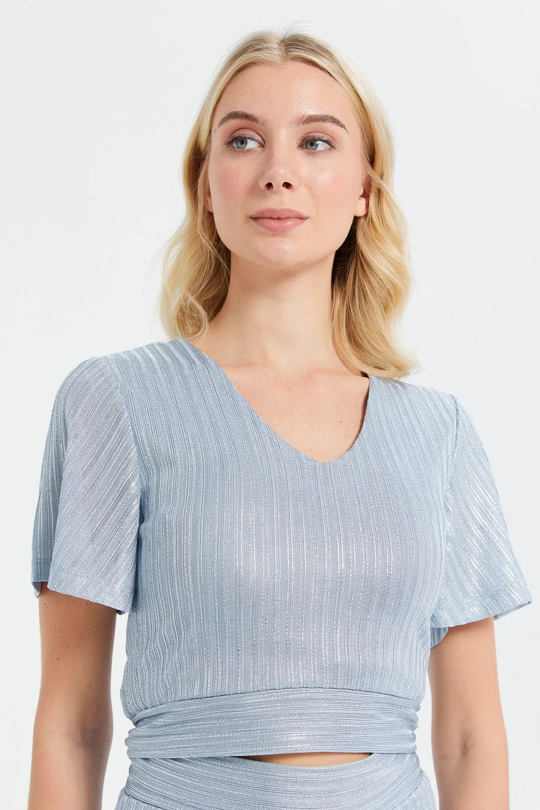 Women Grey Shimmer Foil Coated Flared Sleeve Knit Top sold by Redtag product image thumbnail 4