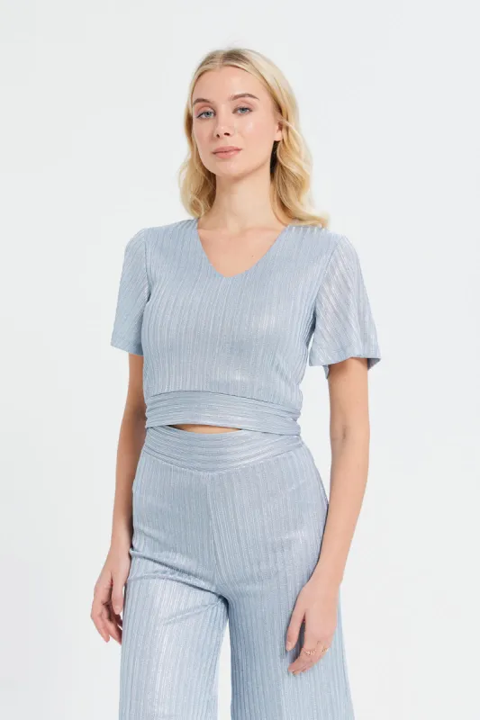 Women Grey Shimmer Foil Coated Flared Sleeve Knit Top sold by Redtag
