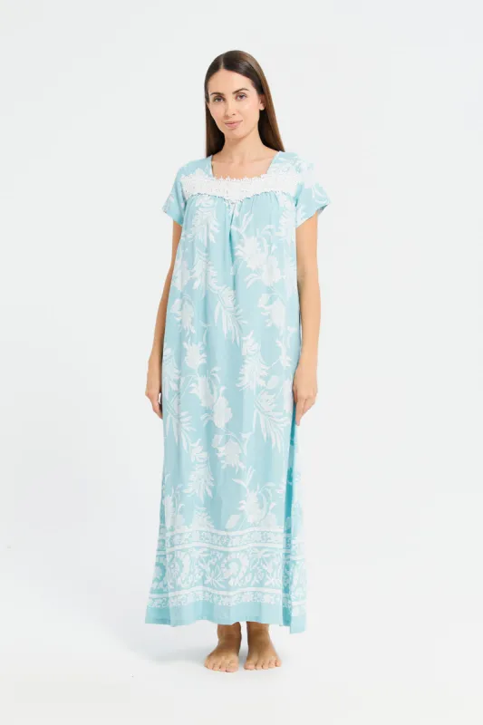 Women Blue Printed Embellished Nightgown sold by Redtag