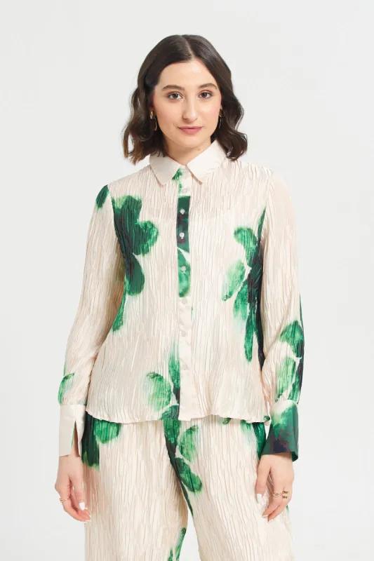 Women Beige And Green Printed Plisse Shirt sold by Redtag