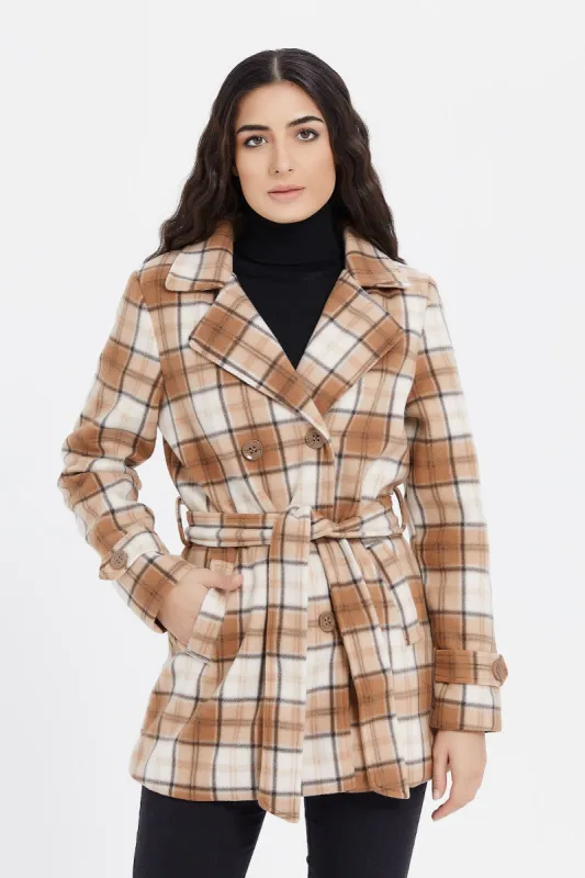 Women Beige Checked Coat sold by Redtag