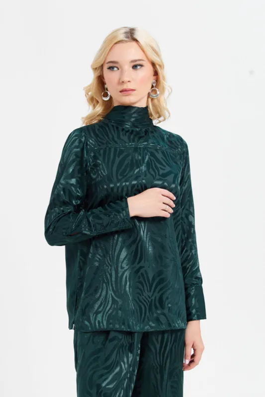 Women Teal Bow Satin Jacquard Blouse sold by Redtag