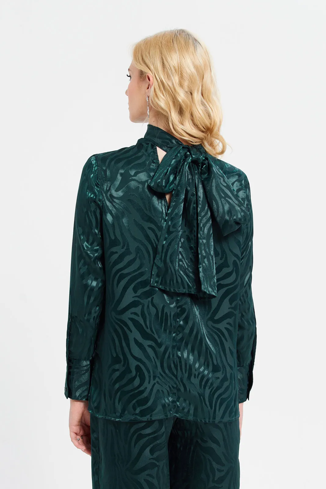 Women Teal Bow Satin Jacquard Blouse sold by Redtag product image thumbnail 3