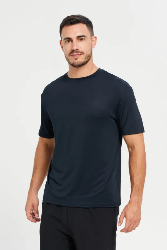 Men Black Printed Round Neck Active T-Shirt sold by Redtag