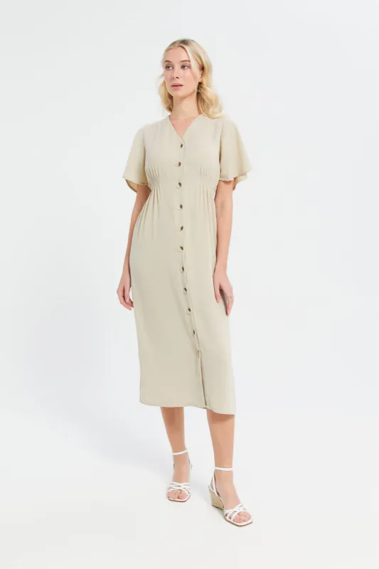 Women Beige Buttoned Midi Dress sold by Redtag