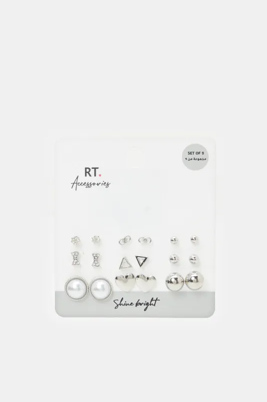 Women Silver Embellished Earrings Set (9 Pairs) sold by Redtag