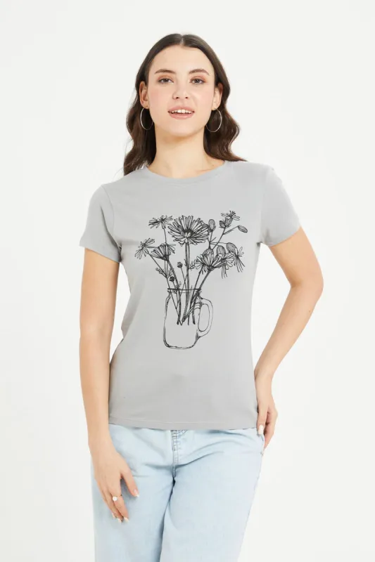 Women Grey Floral Printed T-Shirt sold by Redtag