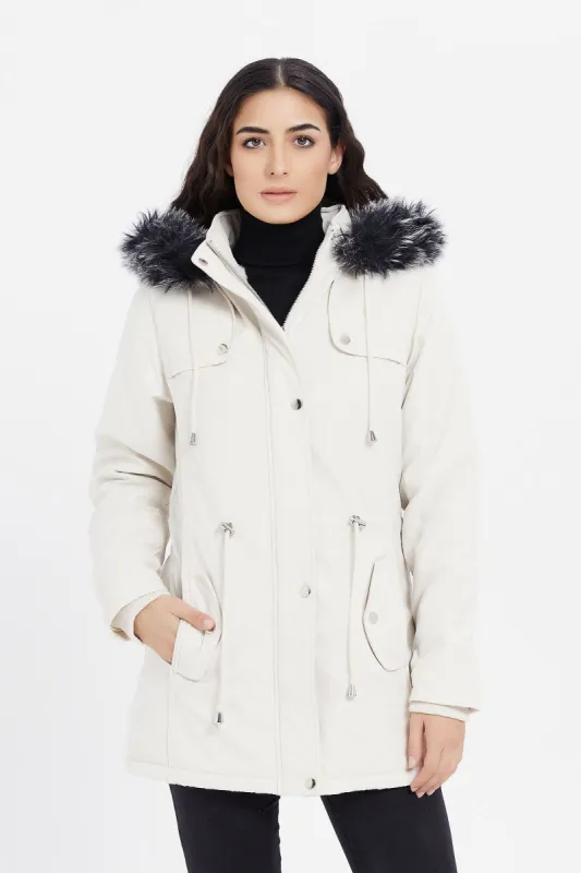 Women Ecru Hooded Twill Coat sold by Redtag
