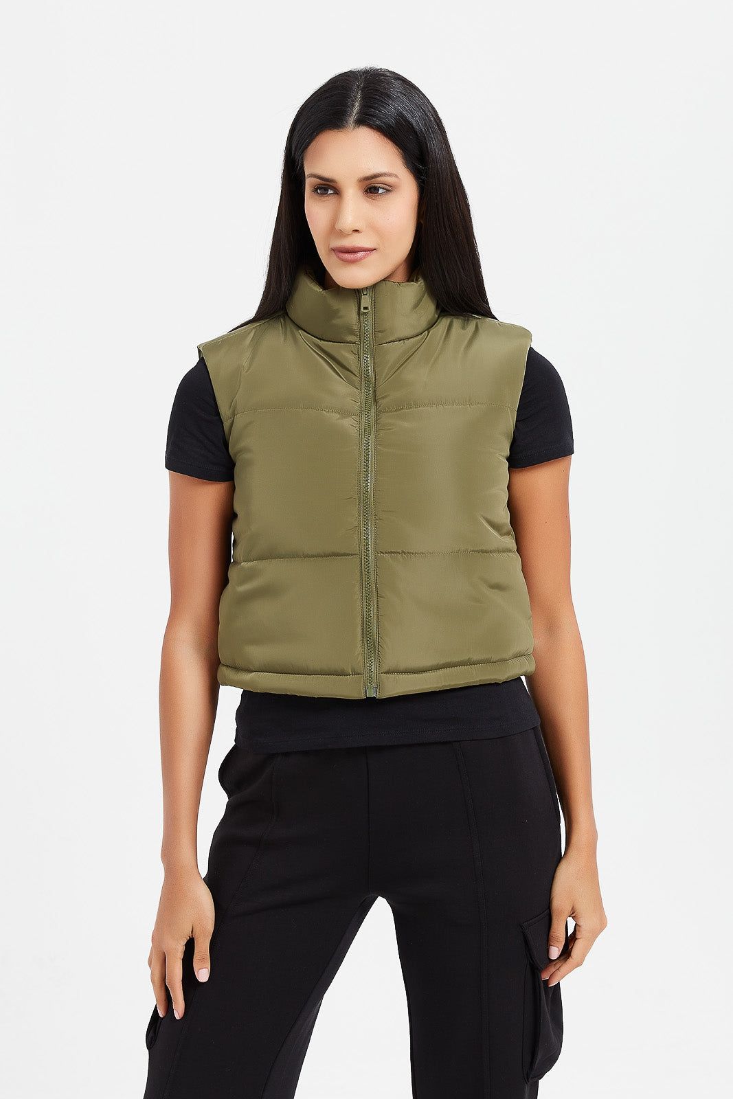 Women Olive Sleeveless Puffer Vest sold by Redtag