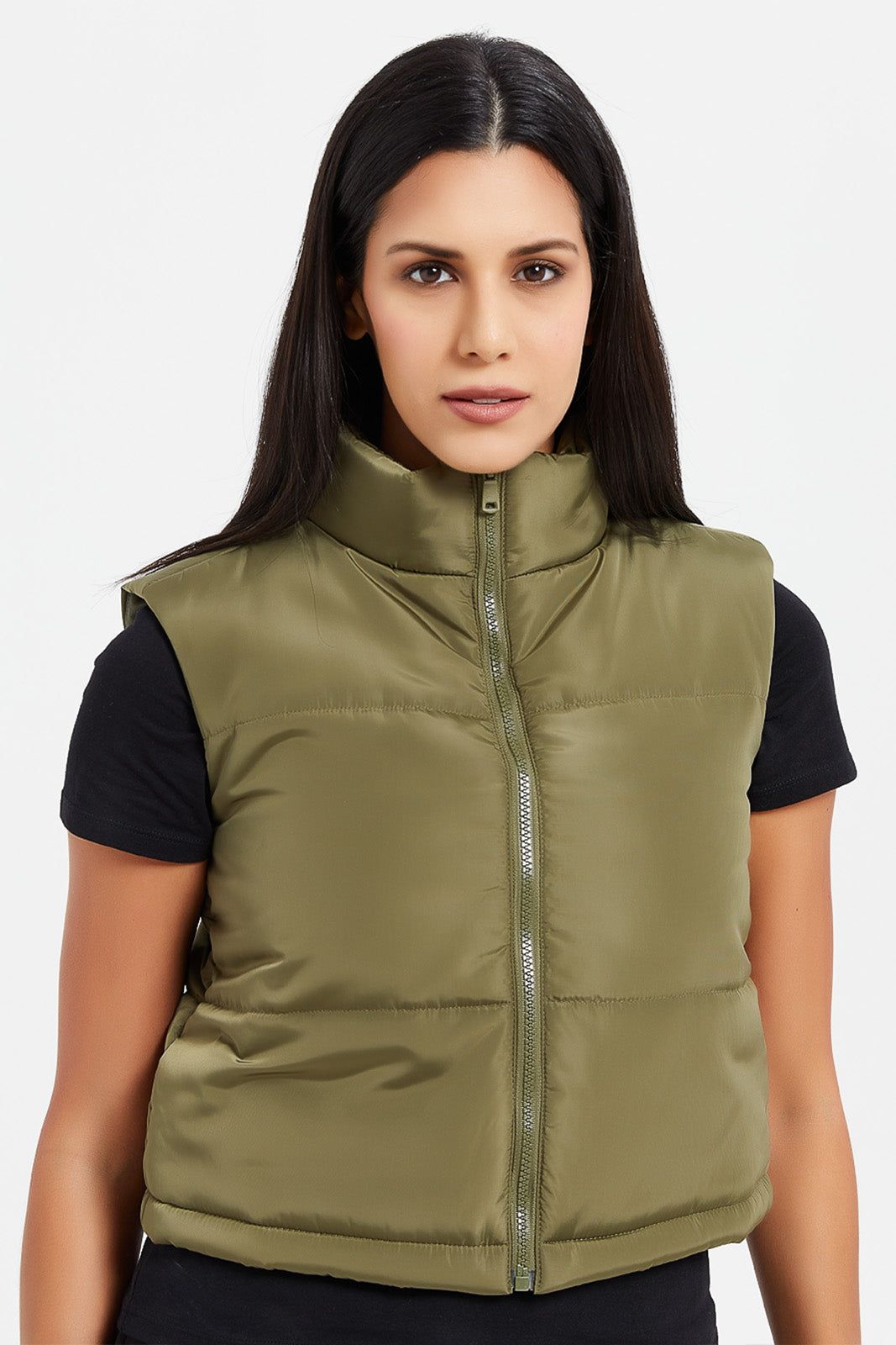 Women Olive Sleeveless Puffer Vest sold by Redtag product image thumbnail 4