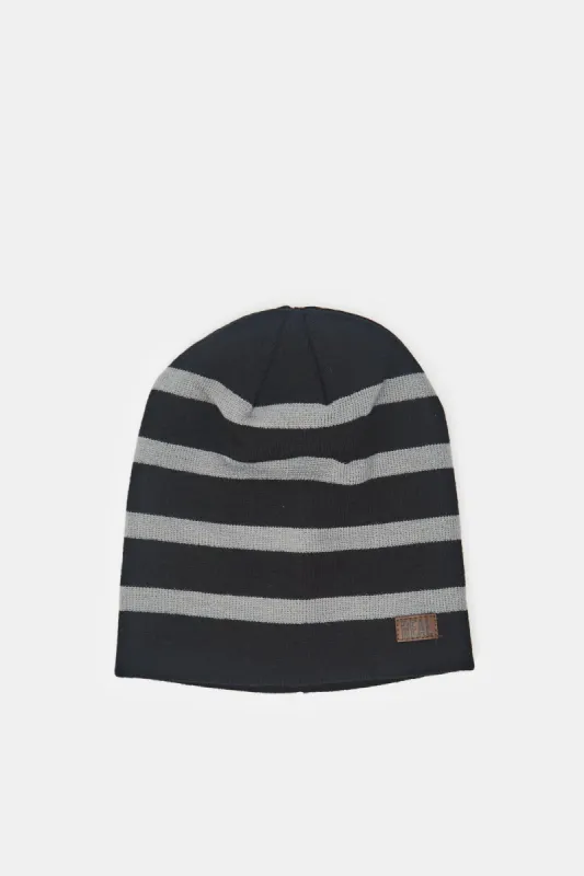 Men Black Striped Knitted Cap sold by Redtag
