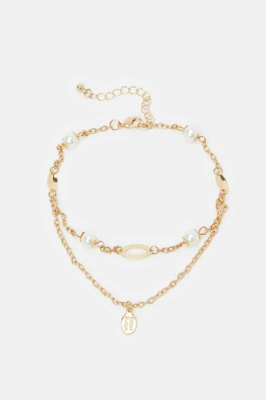 Women Gold Pearls Embellished Anklet sold by Redtag