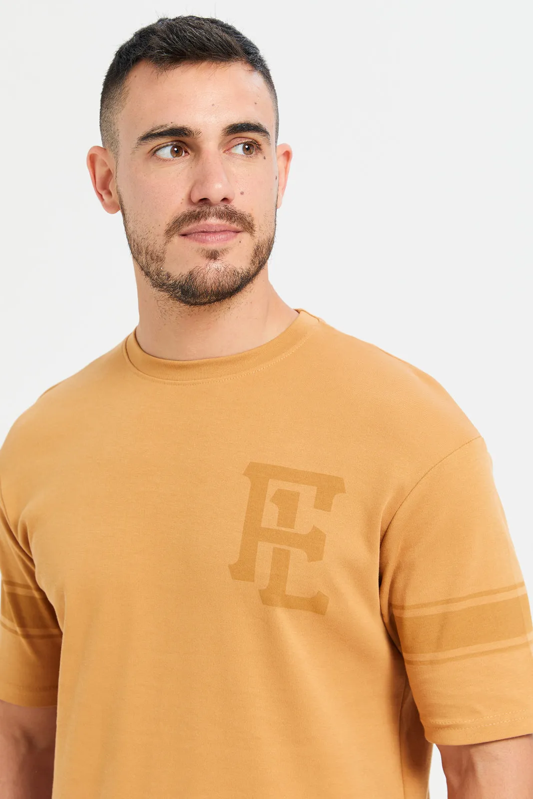 Men Yellow Printed Longline Varsity T-Shirt sold by Redtag product image thumbnail 4