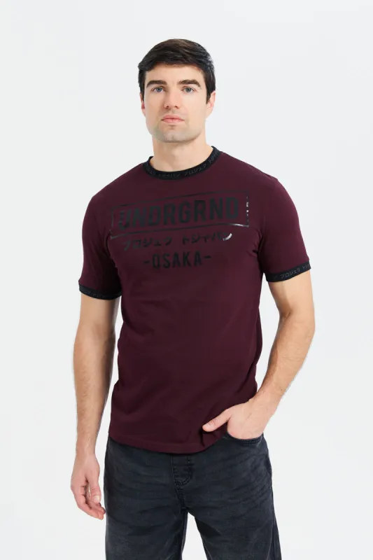 Men Burgundy Varsity Printed T-Shirt sold by Redtag