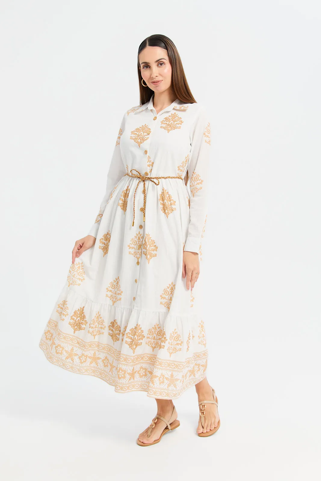 Women Ivory Printed Embroidered Shirt Dress With Belt sold by Redtag product image thumbnail 4