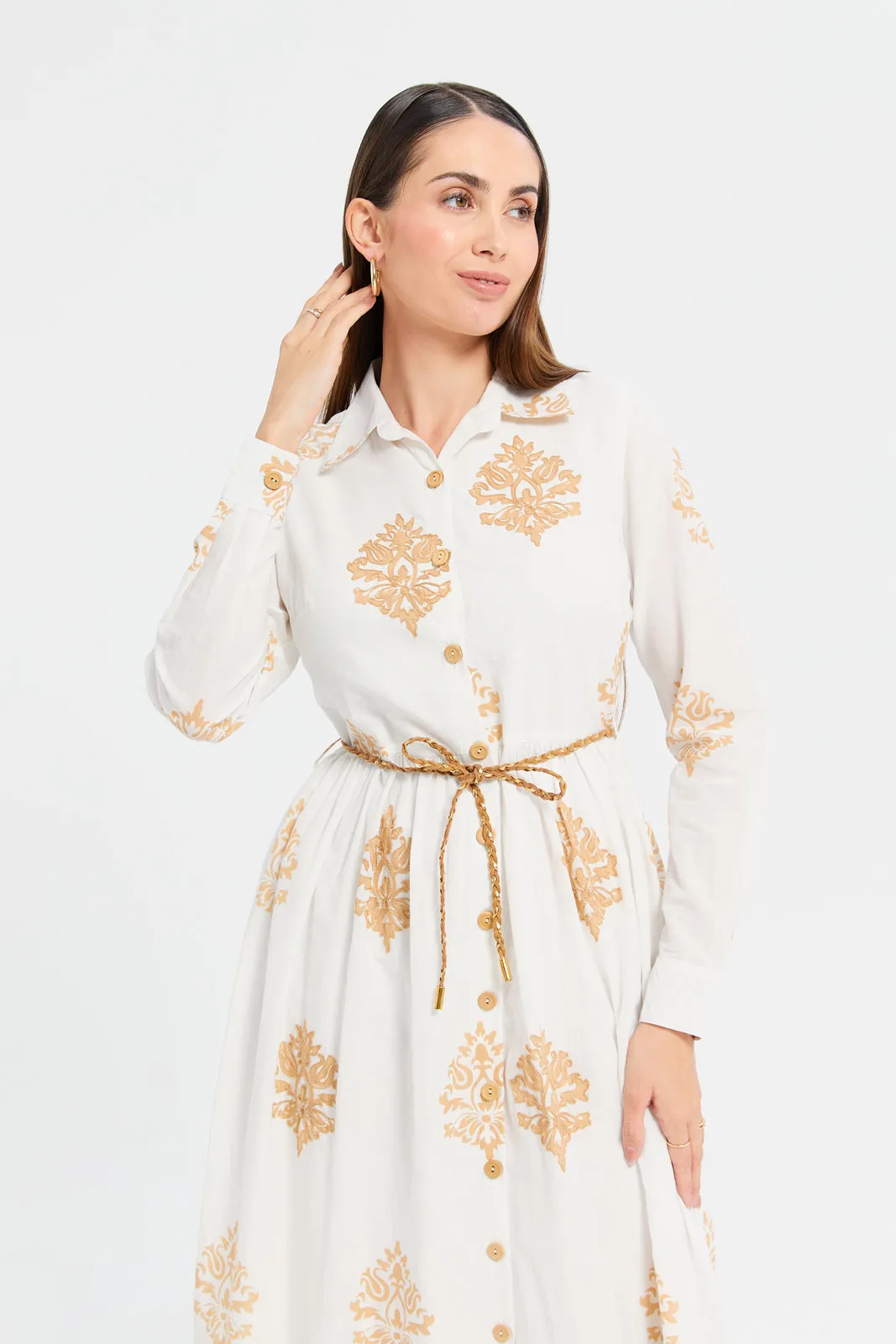 Women Ivory Printed Embroidered Shirt Dress With Belt sold by Redtag product image thumbnail 2