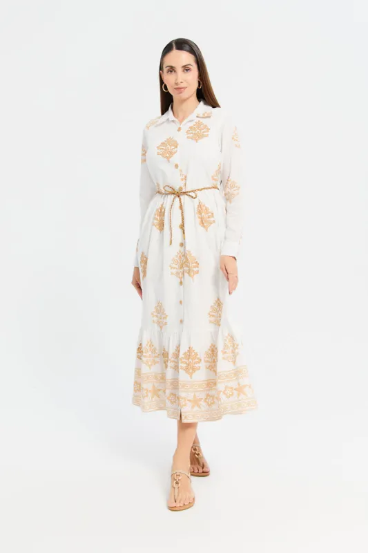 Women Ivory Printed Embroidered Shirt Dress With Belt sold by Redtag