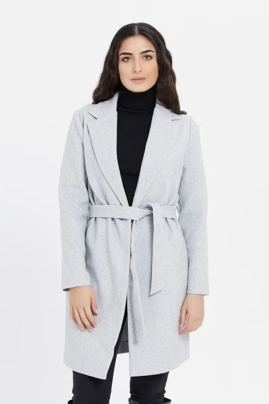 Women Grey Long Line Tie Waist Coat sold by Redtag