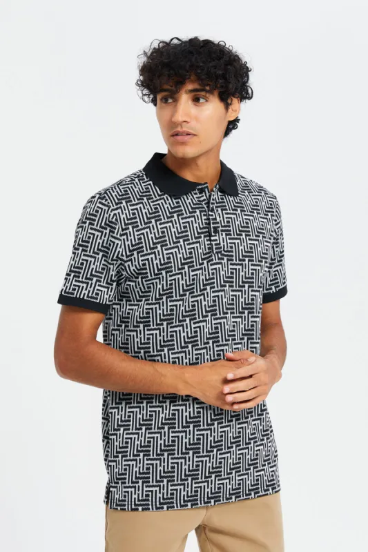 Men Black Print Luxe Jacquard Polo Shirt sold by Redtag