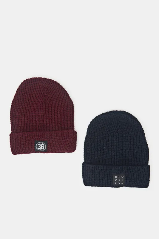 Men Navy And Burgundy Knitted Cap Set (Pack Of 2) sold by Redtag