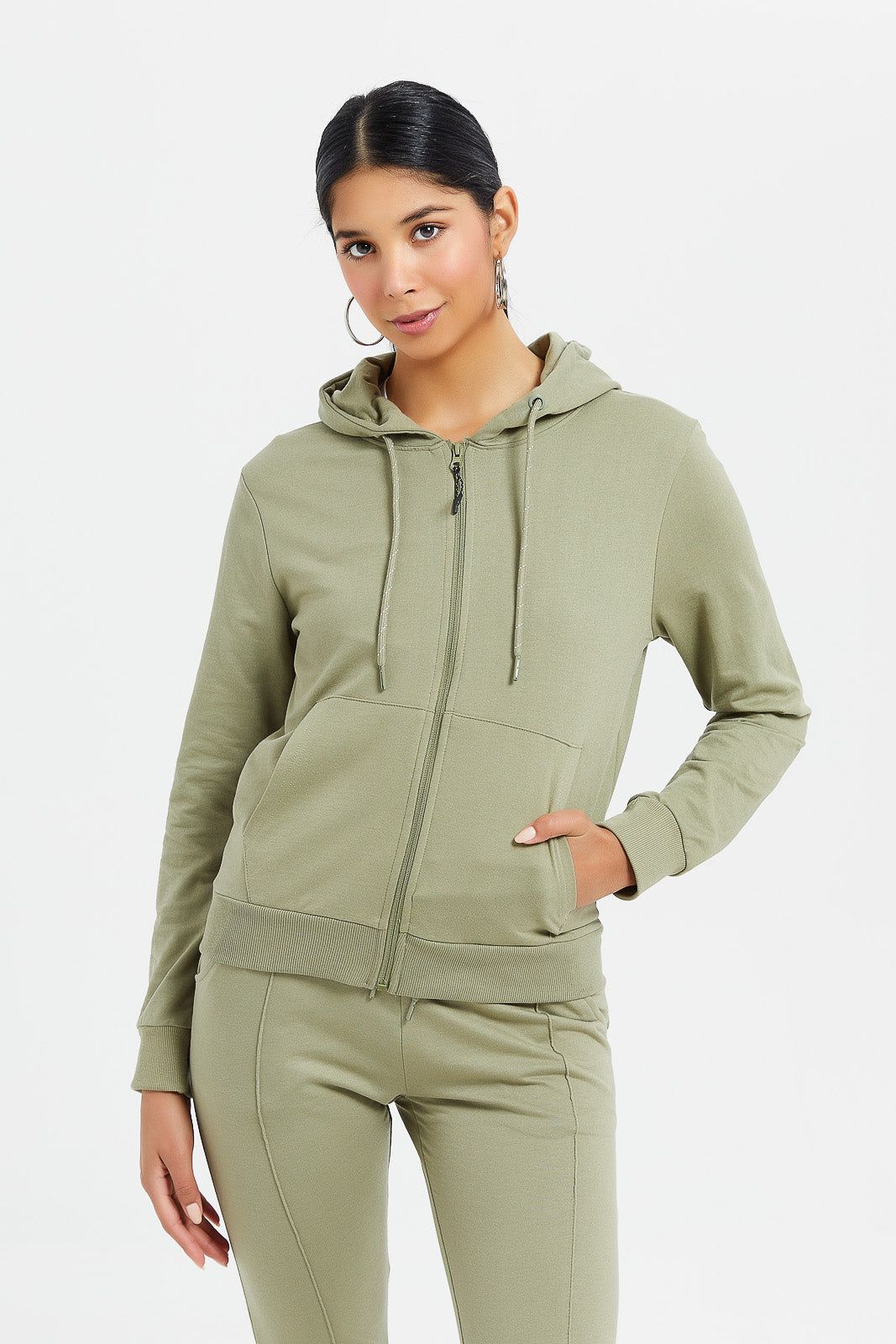 Women Olive Zip Through Hoodie sold by Redtag
