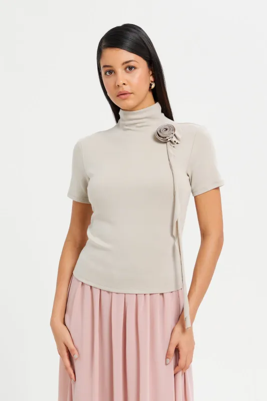 Women Beige Embellished High Neck Top sold by Redtag