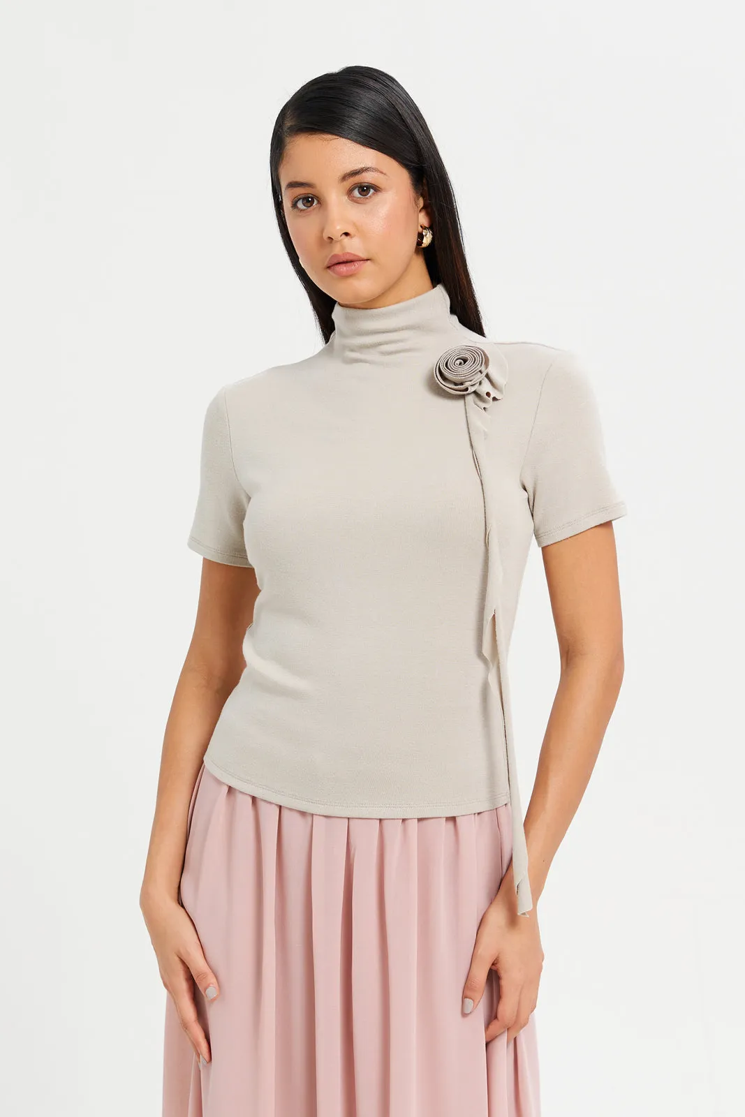 Women Beige Embellished High Neck Top sold by Redtag
