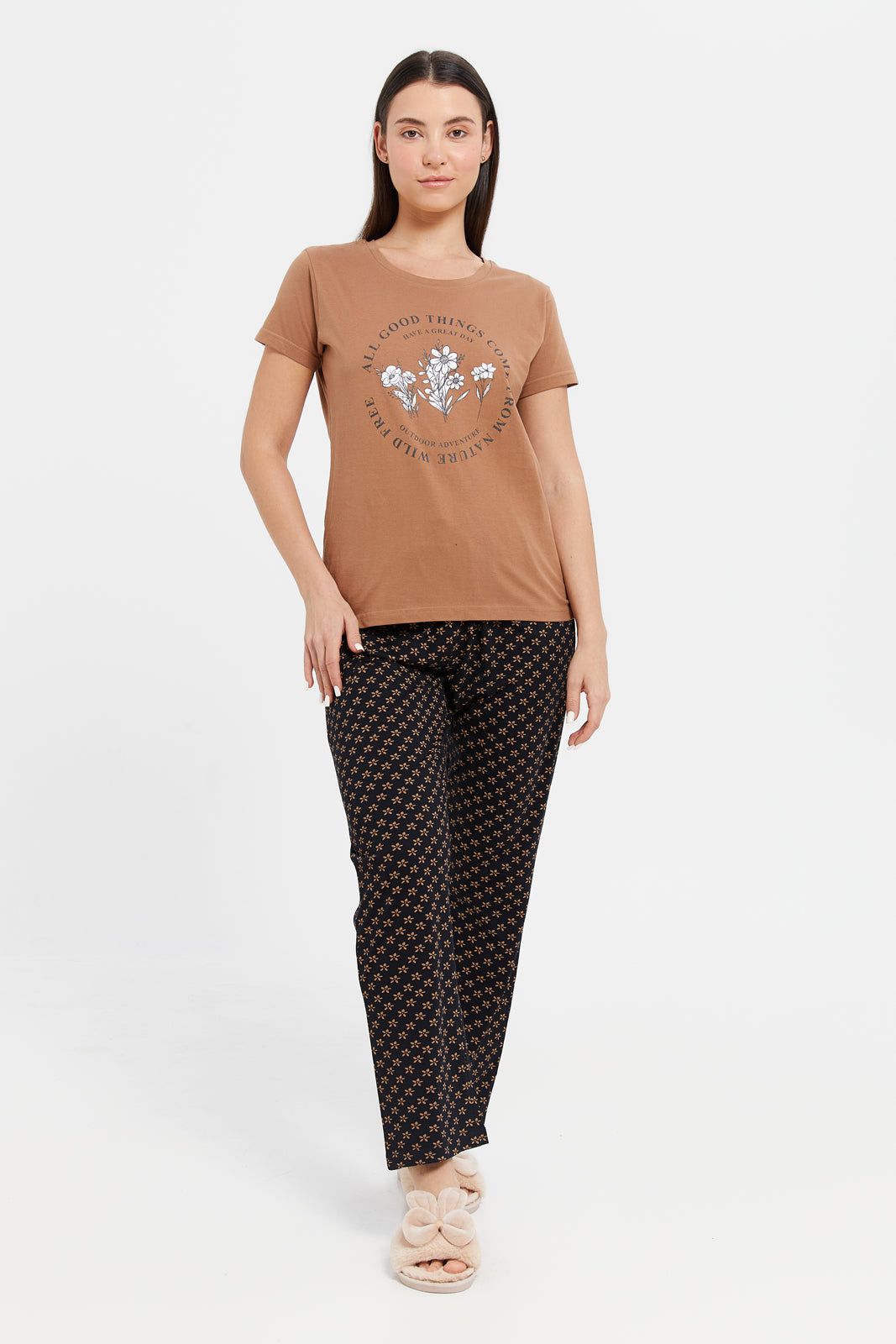 Women Brown And Black Printed Pyjama Set (2 Piece) sold by Redtag