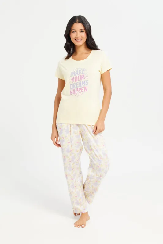 Women Yellow Printed Pyjama Set (2 Piece) sold by Redtag