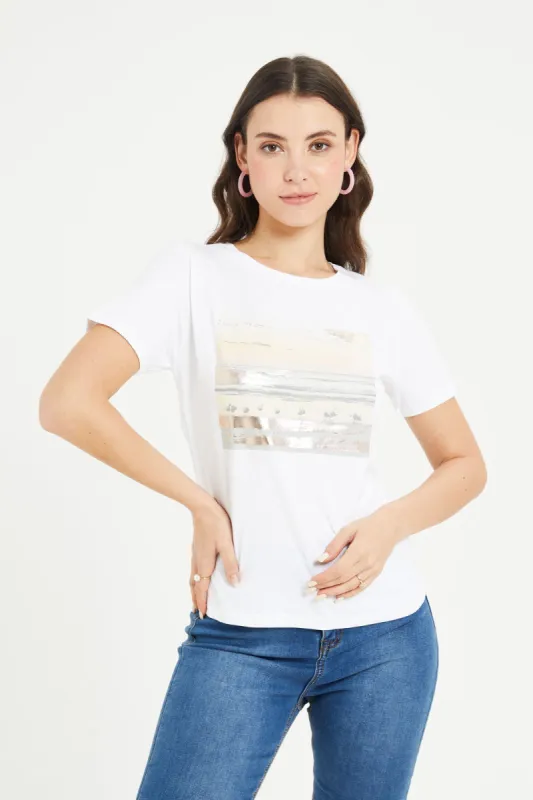 Women White Scenery Foil T-Shirt sold by Redtag