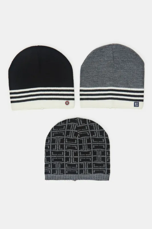 Men Black And Grey Knitted Cap Set (Pack Of 3) sold by Redtag