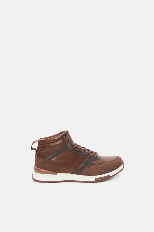 Men Brown Material Block High Top Sneakers sold by Redtag