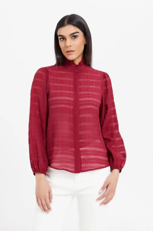 Women Red High Neck Jacquard Shirt sold by Redtag