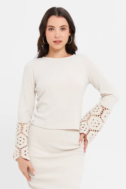 Women Beige Crochet Sleeve Top sold by Redtag