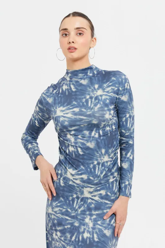 Women Blue Printed Side Ruched Top sold by Redtag