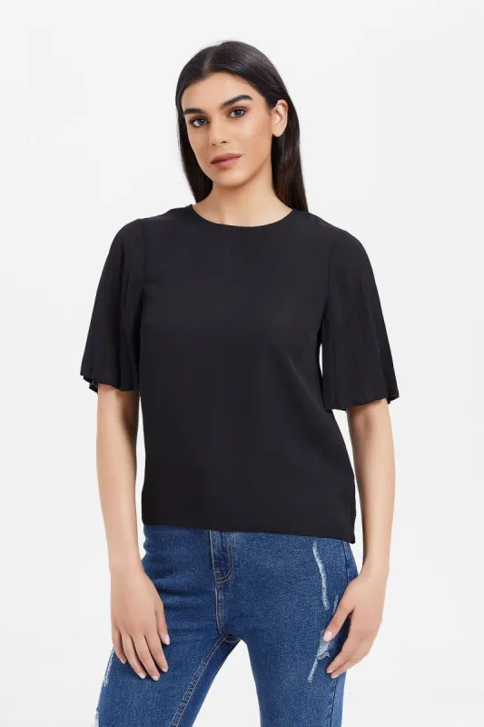 Women Black Pleated Sleeve Blouse sold by Redtag