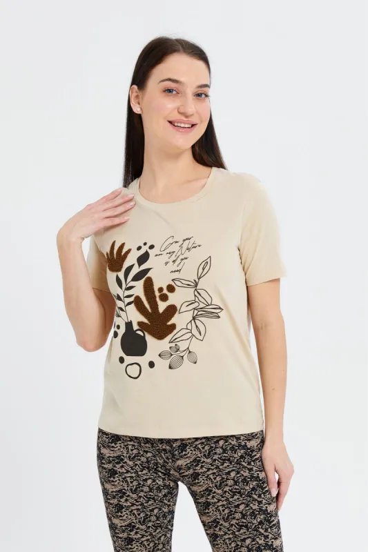 Women Beige Floral Embellished T-Shirt sold by Redtag
