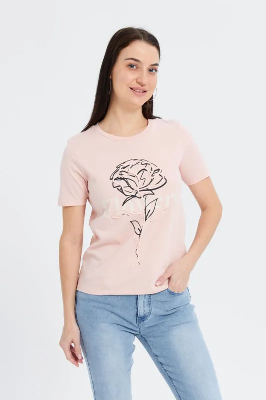 Women Pink Floral Embellished T-Shirt sold by Redtag