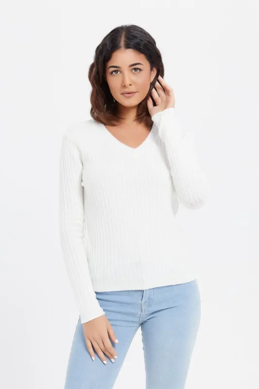 Women Ivory V Neck Pullover sold by Redtag