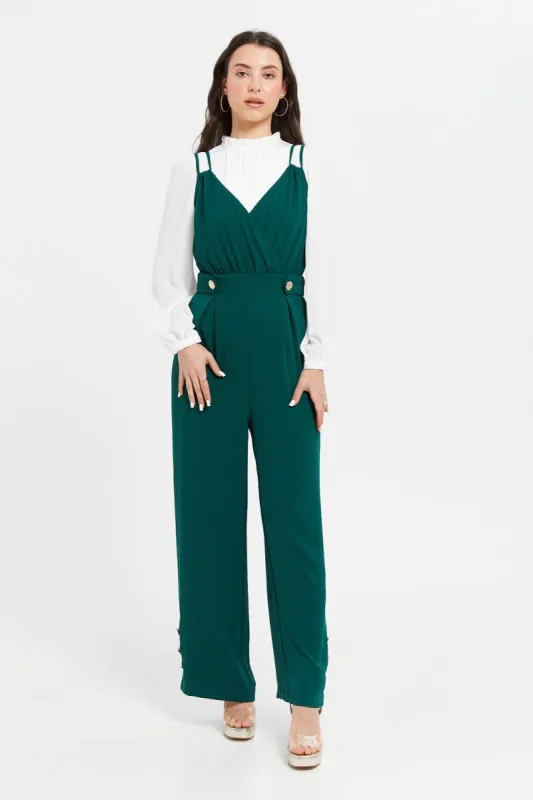 Women Teal Jumpsuit With Gold Button Details sold by Redtag