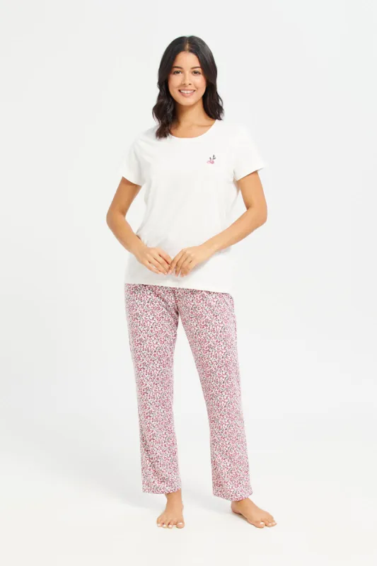 Women White And Mauve Printed Pyjama Set (2 Piece) sold by Redtag
