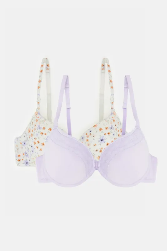 Women White And Lilac Plunge Bra Set (2 Piece) sold by Redtag