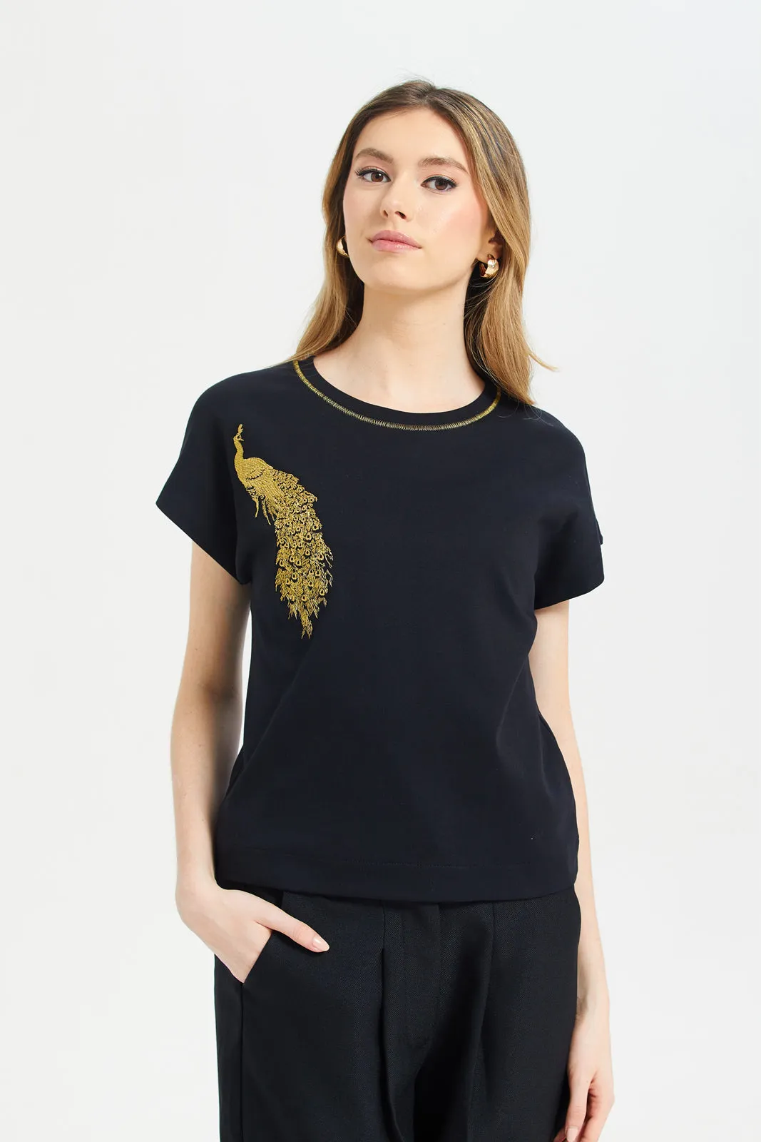 Women Black Embroidered T-Shirt sold by Redtag